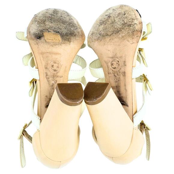 Chanel CC Logo Leather Strappy Gladiator Heels Sandals Black White Gold EU37 - Picture 10 of 11